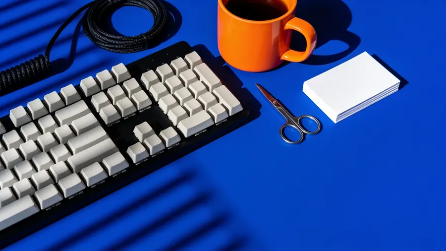 Overhead view of a working desk on a saturated cobalt blue surface in hard sunlight, with a keyboard, a coiled cable and blank index cards casting long shadows.