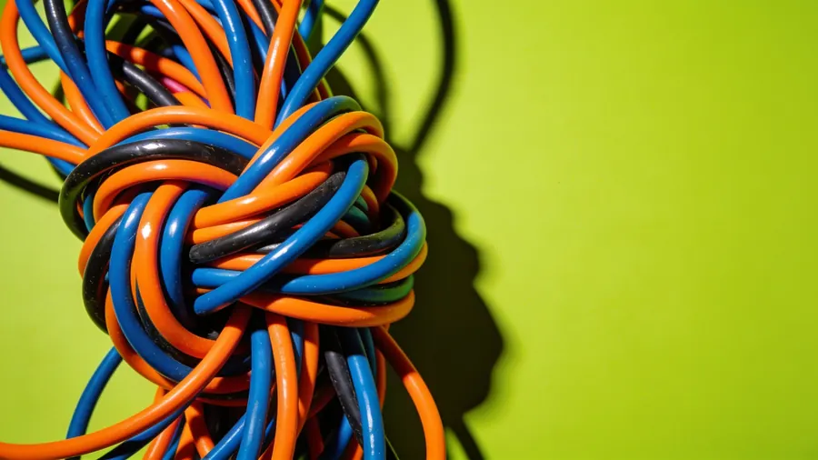 A dense knot of brightly coloured cables tangled together against a flat acid green background under hard studio light.
